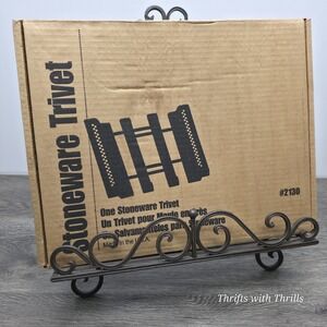 New - Pampered Chef Stoneware Trivet Adjustable Wooden Cooling Carry Rack #2130
